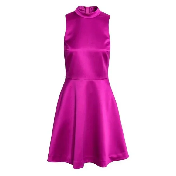 H&M 4 Satin Dress A-line Sleeveless High Neckline Zip-up Party Mini Pocket Pink - Picture 3 of 13